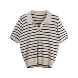 Vintage Short Sleeve Knitted T-shirts Girls Basic Striped Stretchy V-neck TShirts Tops For Women-Outfit