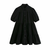 New Lapel Button Solid Color Wide Pendulum Cotton Dress 2648202-Outfit