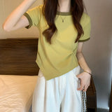 Fongt Female 2024 New Summer Design Sense Contrast Color T-Shirt Fashion Chic Irregular Short Student
