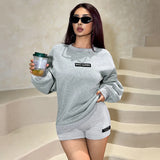 Fongt Round Collar Long Sleeves Loose Edgy Women High-Waist Print Tight Shorts Fashion Casual Babes