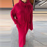 Fongt New Women's Long-Sleeved Casual Solid-Colored Loose Long Dress Comfortable Set