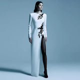 Fongt Star Temperament Dress Embroidered Nails Flowers Long Sleeve Open Fork Long Dress