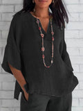 Quarter Sleeve Gray Vintage Office Top Retro Women Summer Solid V Neck Pullover Loose Casual Streetwear Femme Blouse