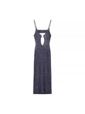 Blue Knit Cut Out Strappy Hook Midi Dress-Outfit