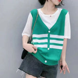 Fake Two Pieces Knitted Patchwork Pullovers Striped Summer Casual Button Female Clothing Streetwear Korean Loose T-shirt-Outfit