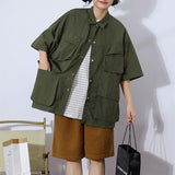 Fongt Cityboy Solid Color Multi-Pocket Overalls Short-Sleeved Shirt Men And Women Loose Retro Function Shirt Tide-Outfit