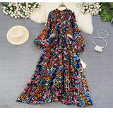 Quality Light Extravagant Lantern Long Sleeved Round Collar Waist Slim Single Breasted Printed Dress Elegant Long Skirt-Outfit