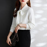 Fongt Curry With Chiffon Long-Sleeved Shirt Women's Bow Tie Irregular Design Sense 2025 New Ocean