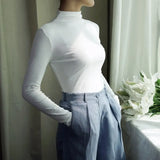 Solid Bottoming t Shirt Women Spring Autumn Tee Shirts Korean Turtleneck Slim Long Sleeve Black White T-shirts 90s