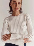 Strip Solid Knitted Sweater Autumn Woman Round Neck Long Flare Sleeve Pullover Casual Simple Basic Jumper Female Sweaters-Outfit