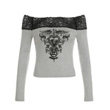 Fongt Dark Personality Print Long-Sleeved T-Shirt With Thin Lace With An Off-The-Shoulder Hottie Top-Outfit