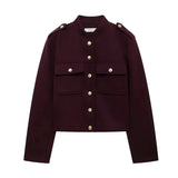 Burgundy Gold Buttoned Short Jacket-Outfit
