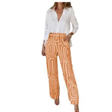 Fongt Summer Women's Casual Long Sleeve Lapel Shirt Print Wide-Leg Pants