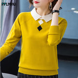 Turn-down Collar slim knitted ladies sweaters Elegant warm long sleeve women's pullovers Korean patchwork color