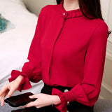 2020 fashion women blouses shirts OL chiffon blouse long-sleeved womens tops and blouses solid female clothes 1016