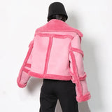 Fongt Integrated Thick Coat Female 2024 New Lapel Solid Color Stitching Lamb Wool Short Jacket Female-Outfit
