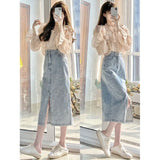 Fongt Ripe Wind Can Be Salt Can Be Sweet Delicate Small Fragrant Wind Feeling V-Neck Shirt Denim Skirt Children God Fan Suit-Outfit