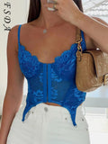 2021 Spaghetti Strap Lace Corset Crop Top Women Blue Y2K Summer Backless Sleeveless Tube Tank Tops Sexy Off