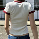 Leisure Color Flanged Round Collar Short-Sleeved T-Shirt Summer Simple Letter Printed Knitted Blouse-Outfit