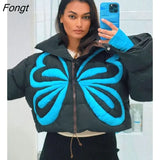 and Winter Women's Solid Top Women's Splice Butterfly Bread Coat Long Sleeve Zipper Cotton Clothes Manteau Femme