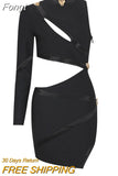 2023 New Summer Women's Black Hollow Mini Bandage Sexy Long Sleeve One Shoulder Tight Elegant Celebrity Party