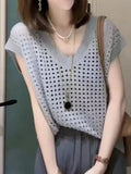 Summer New Thin Hollowed-Out V-Collar Knitted Blouse Vest Blouse-Outfit