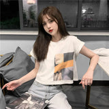 Fongt Celebrity Short-Sleeved T-Shirt Female Jacket Short Style Student Korean Version Loose 2024 Summer New Heart Machine Crop Ins