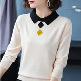 Turn-down Collar slim knitted ladies sweaters Elegant warm long sleeve women's pullovers Korean patchwork color