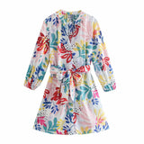 New Women's Dress Long Sleeve V-neck Lace Up Waist Retro Printed Skirt Women's Single Breasted A-line Mini