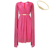 Fongt With Belt Women's Summer New Fashion Elegant V-Neck Cape Dress