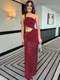Sheer Draped One Shoulder Cut Out Maxi Dress-Outfit