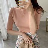 Basic T Shirts Women Solid O Neck Half Sleeve Female Tops Summer 2021 New Casual Slim Fit Ladies Tees Knitted Tees