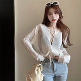 Girls Hollow Straps In Long-Sleeved Cardigan Women Autumn New Korean Version Of The Micro-Permeable Sunscreen Cover Shirt