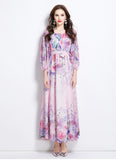 Fongt Holiday Style Dress 2025 New One-Word Shoulder Strap With Waist Lantern Sleeve Print Chiffon Long Dress Woman