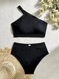 2024 New Solid-Color One-Shoulder Split Pit Strip High-Waist Swimsuit Bikini