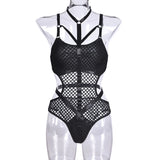 Dark Gothic Fishnet Sexy Bodycon Halter Bodysuits Women Grunge Punk Hollow Out Nightclub Lingerie Patchwork Emo Alt