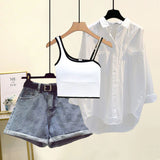 Women Summer Shorts Sets Streetwear Slash Neck Vest+white Sunscreen Blouse+denim Shorts 3 Pieces Set For Women Outfits 2022