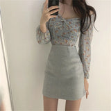 Summer Floral Crop Top Women Slim V Neck Long Sleeve Pleat Blusas Chiffon Shirts Korean