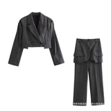 Fongt Women's New Lapel Long Sleeve Short Blazer Casual Pants Suit-Outfit
