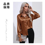 Satin Shirt Satin Imitation Silk Long-Sleeved Pure Color Elegant Button Front Lapel Shirt-Outfit