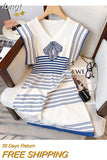 Elegant V-neck Bow Striped High Waist Slim Mini Dress Women's Spring Sleeveless Contrast Stripe Knitted Female