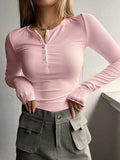 Solid Color Breasted V Neck Slim Long Sleeve Knit-Outfit