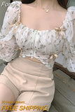 Crop Tops, Floral Print Square Neck Puff Sleeve Blouse with Zipper for Spring Summer,