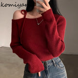 Skew Collar Sweater Off Shoulder Ropa Mujer Lace Up Bow Pullover Feminino Sexy Womens Clothing Korean Knitwears-Outfit