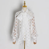 Casual Ruched Women's Blouses Bow Collar Lantern Long Sleeve Lace Up Shirts For Female Fashion 2022