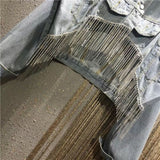 And Summer 2023 New Denim Outerwear Loose Diamond Chain Tassel Streetwear Turn-Down Collar Jacket