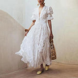 Fongt 2025 New Women's Wish Deep V Bubble Sleeve Lace