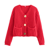 Fongt Women's Solid Color Single Buckle Double Pocket Short Thick Knit Shirt Coat Top B66004