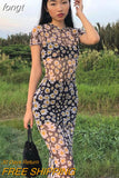 Short Sleeve Daisies Print Mesh See-Through Sexy Maxi Dress Summer Women Fashion Streetwear Outfit
