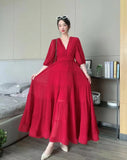 Fongt Seaside New Super Layer V-Neck Waist Temperament Famous 100 Fold Dress Short-Sleeved A-Word Dress Woman
